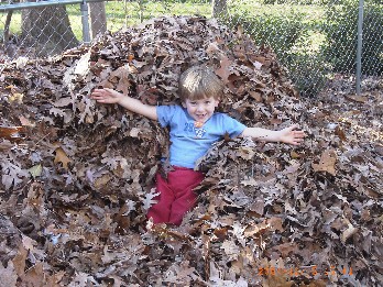 photo of Alex playing in the leaf pile