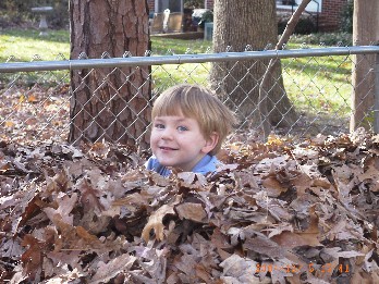 photo of Alex playing in the leaf pile
